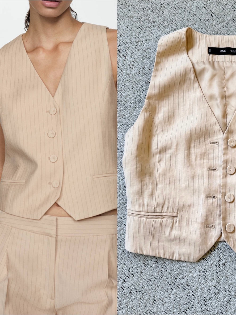 Mango Beige Pinstripe Tailored Vest XS